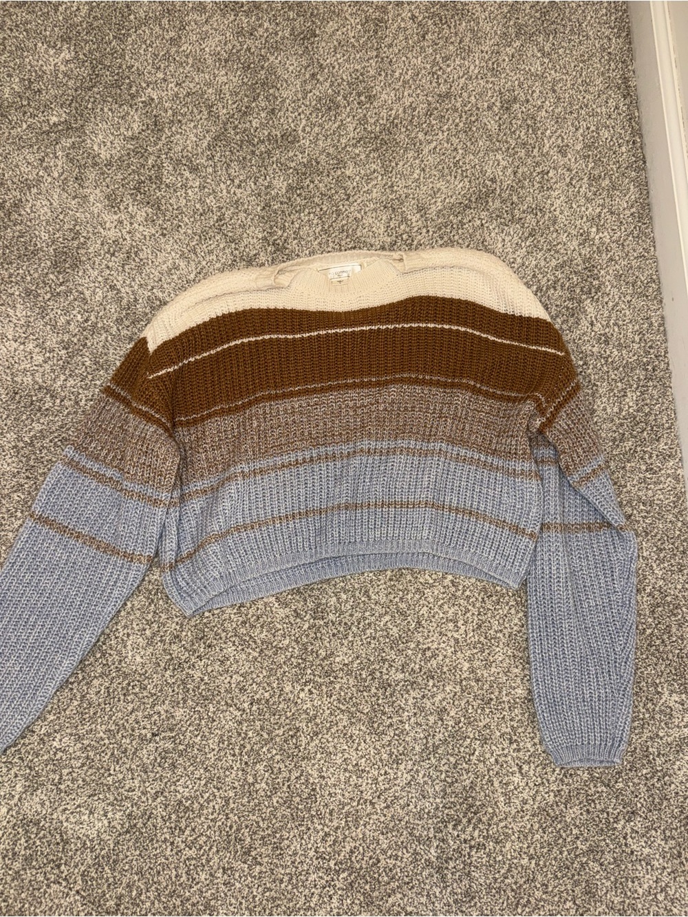 Cropped Striped Knit Sweater in Cream, Brown & Light Blue